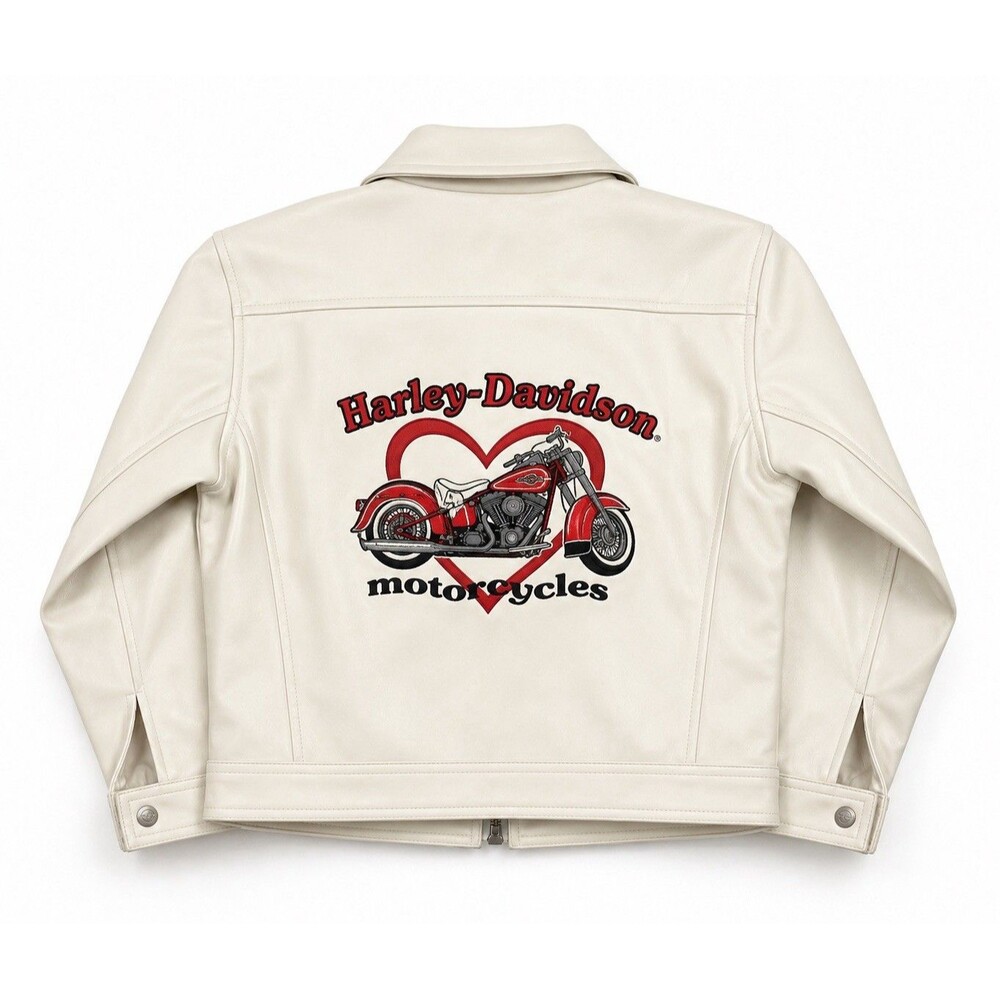 Harley Davidson Girls White Faux Leather Moto Jacket Size 7/8 Embroidered Logos